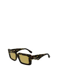 Square sunglasses with a dark tortoiseshell frame, yellow-tinted lenses, and gold-tone brand logo on the side. Robust design with bold accents.