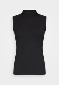 Top senza maniche nero con scollatura alta, caratterizzato da una texture a coste e un design attillato, realizzato in un tessuto leggero.
