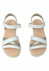 Sandali bianchi con accenti di glitter argentato, design a cintura, punta aperta, cinturino alla caviglia regolabile e soletta testurizzata. Materiale sintetico liscio.