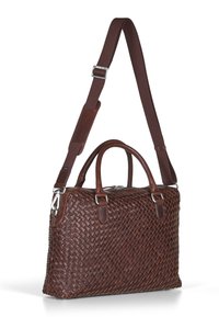 Brown woven leather handbag with dual top handles, detachable strap, silver hardware, and a zip closure; features a textured surface.