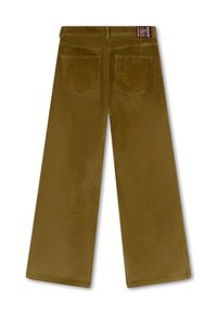 Olijfgroene corduroy wijde broek met een gestructureerde afwerking en twee achterzakken, met een merklabel op de tailleband.