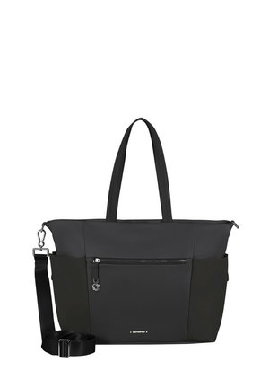 Black tote bag with dual handles and detachable shoulder strap. Made from durable fabric, featuring a front zipper pocket for storage.