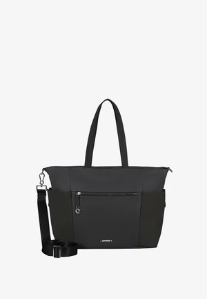 Black tote bag with dual handles and detachable shoulder strap. Made from durable fabric, featuring a front zipper pocket for storage.