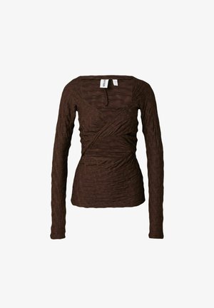 Hnědý dlouhý rukáv top vyrobený z texturované látky, s volným střihem, čtvercovým výstřihem a podrobnými švy.