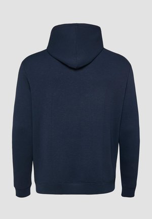 Granatowy, długi rękaw bluzy z kapturem z prążkowanymi mankietami i ściągaczem, pokazany od tyłu na jasnoszarym tle.