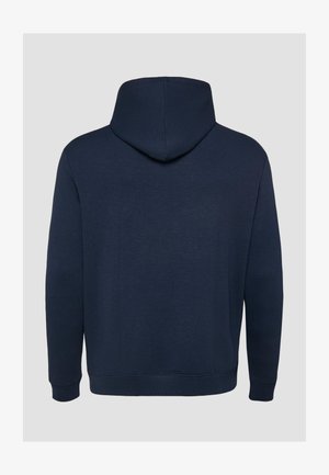 Granatowy, długi rękaw bluzy z kapturem z prążkowanymi mankietami i ściągaczem, pokazany od tyłu na jasnoszarym tle.