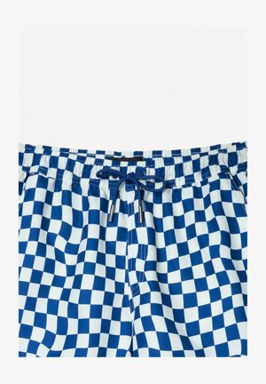 Modré a biele kárované plavky s elastickým pásom a šnúrkou; majú hladkú štruktúru a vzorovaný povrch.