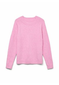 Svetlo roza pleteni pulover z okroglim izrezom, dolgimi rokavi, rebrastimi manšetami in robom. Mehak material z udobnim krojem.
