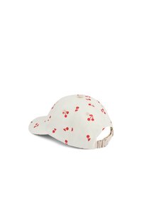 Baseballcaps med et lysebeige stoff, med et gjentatt kirsebærmønster i rødt. Justerbar stropp bak. Teksturbeflate.