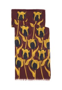Scarf with burgundy background featuring a repeating pattern of yellow and black stylized tulip flowers and stems, fringed edges.