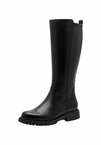 Botte noire en cuir jusqu'au genou avec une finition lisse, bout rond, semelle légèrement crantée et une languette en haut pour un enfilage facile.