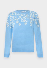 Ανοιχτό μπλε πλεκτό πουλόβερ με στρογγυλό ντεκολτέ και μακριά μανίκια, διακοσμημένο με λευκές λεπτομέρειες λεοπάρ στα χέρια.