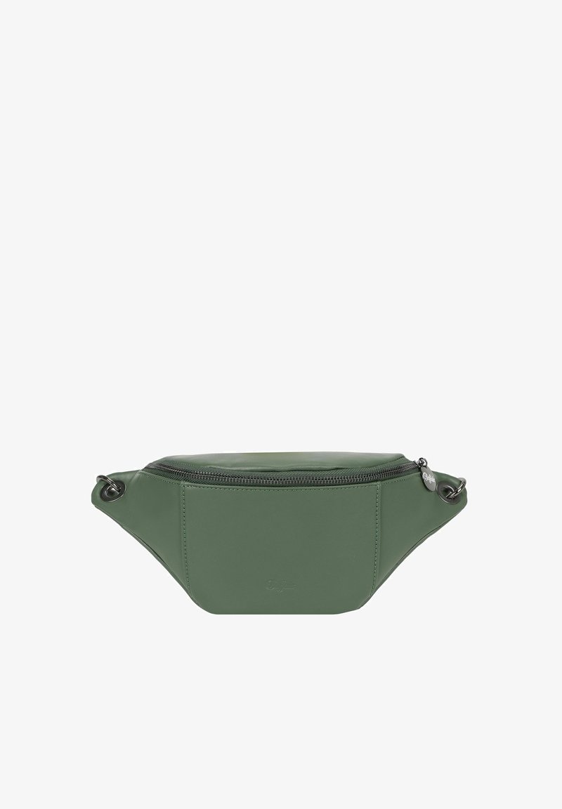 Green vegan leather fanny pack with a rounded design, zip closure, and side hardware detail. Smooth texture and minimalistic shape.