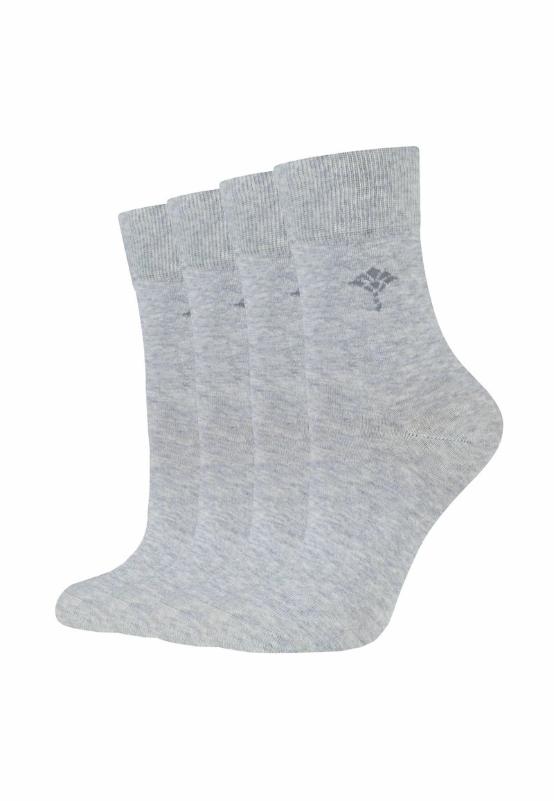 Grau gemusterte Socken aus Baumwollmischung, knielang, mit einem gerippten Bündchen und feinem Rautenmuster. Vier Paar seitlich ausgestellt.