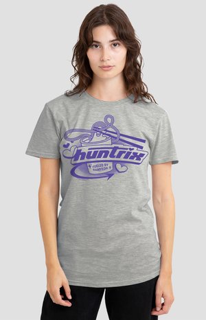 Gray T-shirt featuring a purple graphic design with the text "huntrix" and decorative elements. Made of soft fabric, short sleeves, and a crew neck.
