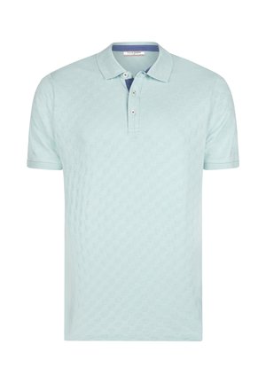 Lyseblå polo med korte ærmer med subtilt ternet mønster, tre-knaps slidse og kontrastfarvet indvendig krave.