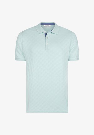 Hellblaues Poloshirt mit kurzen Ärmeln, dezentem Karomuster, Drei-Knopf-Leiste und kontrastfarbiger Innenkragenverkleidung.