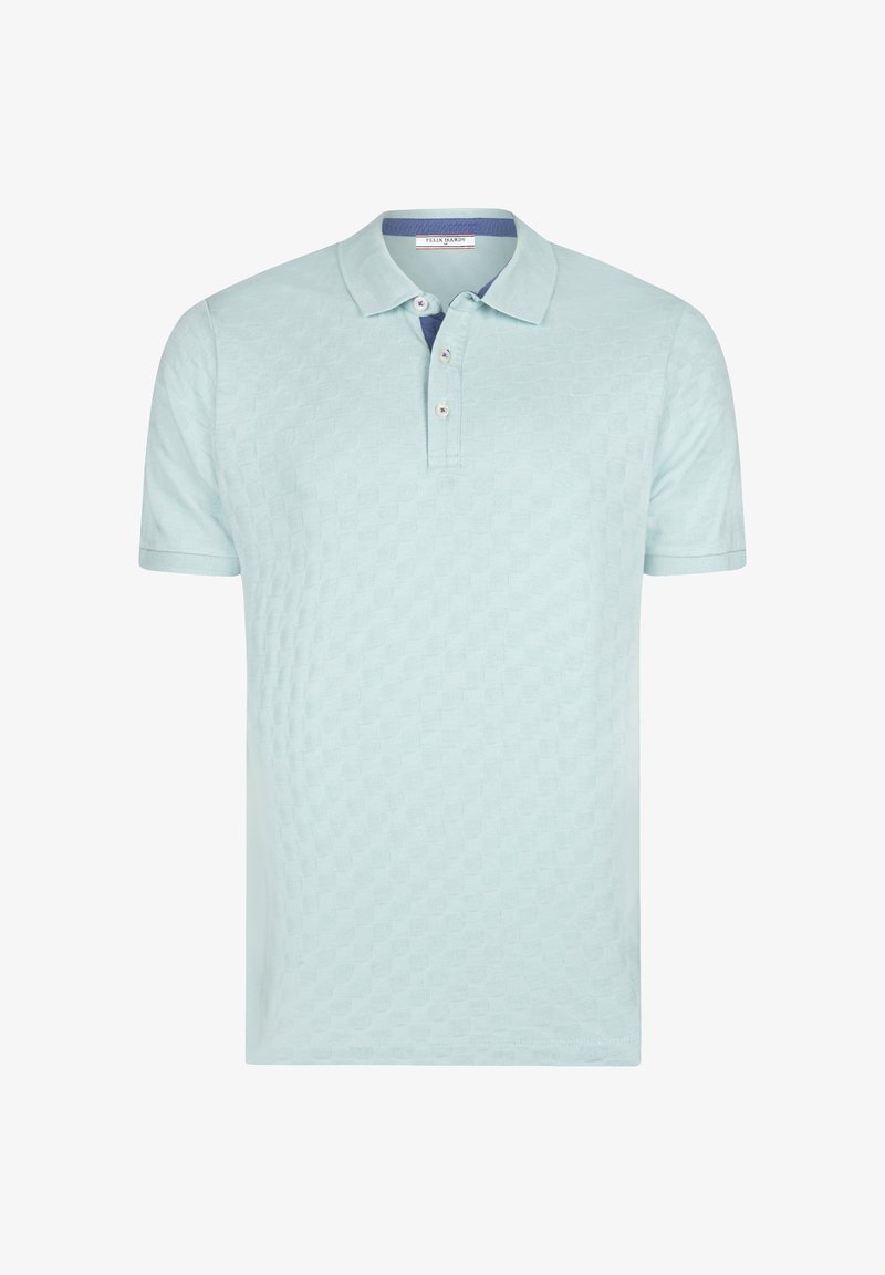 Polo bleu clair à manches courtes avec un motif à carreaux subtil, patte à trois boutons et doublure intérieure de col contrastée.