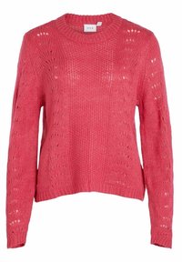 Maglione rosa lavorato a maglia con scollo rotondo, maniche lunghe e dettagli a lavorazione aperta lungo le braccia e il corpo. Tessuto testurizzato in tutto il capo.