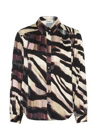 Langærmet skjorte med knaplukning og krave, prydet med abstrakte zebra-striber i sort, flødelig, burgunder og rosa nuancer.