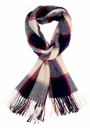 Écharpe en laine avec motif à carreaux bleu marine, blanc, gris et rouge, texture douce et franges aux deux extrémités, nouée lâchement.