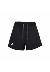 Pantalones cortos deportivos negros fabricados con material ligero, cuentan con una cintura elástica con cordón, bolsillos laterales y sutiles acentos reflectantes.