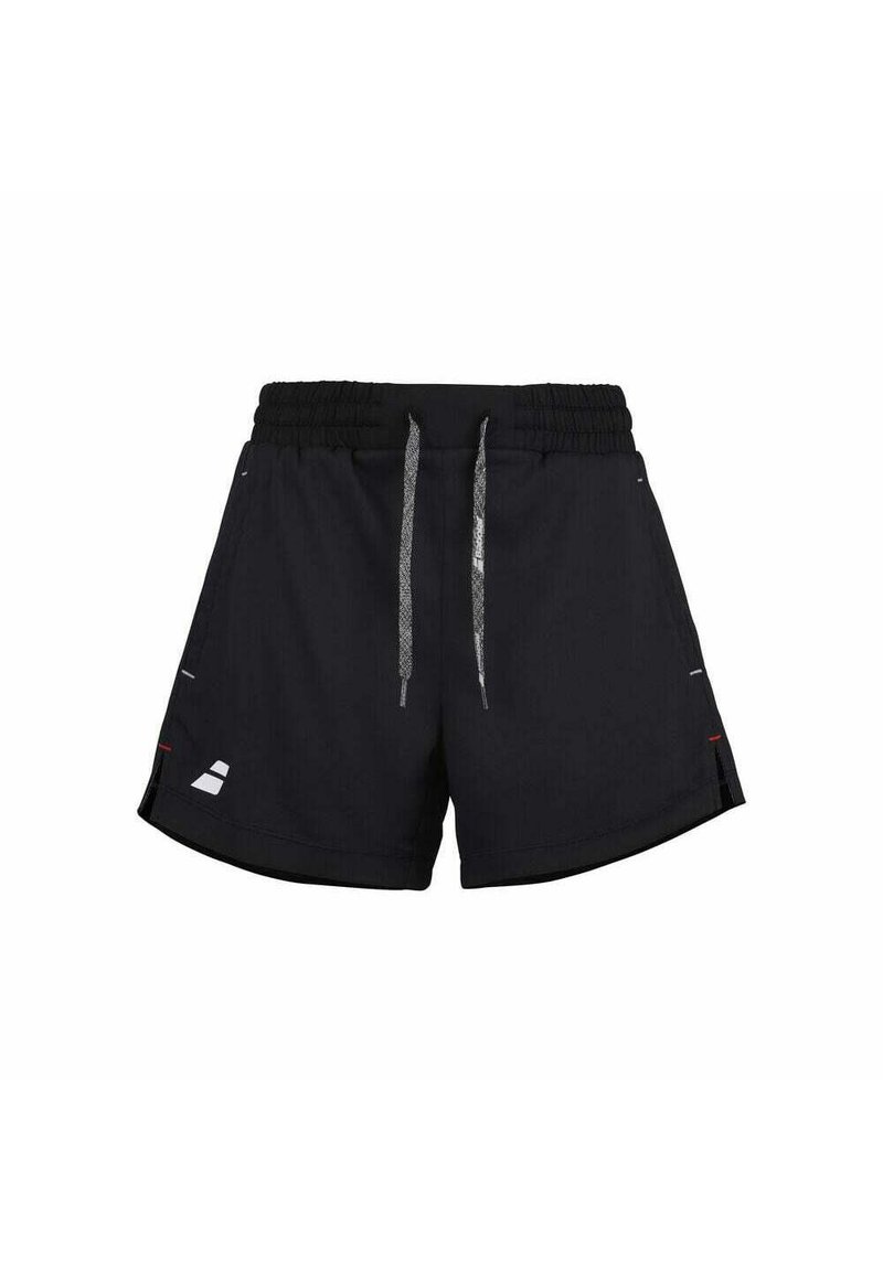 Pantalones cortos deportivos negros fabricados con material ligero, cuentan con una cintura elástica con cordón, bolsillos laterales y sutiles acentos reflectantes.