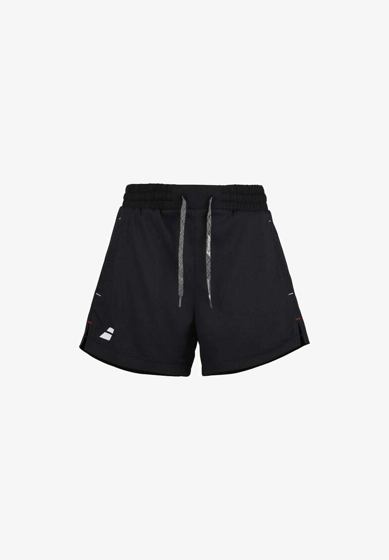 Pantalones cortos deportivos negros fabricados con material ligero, cuentan con una cintura elástica con cordón, bolsillos laterales y sutiles acentos reflectantes.