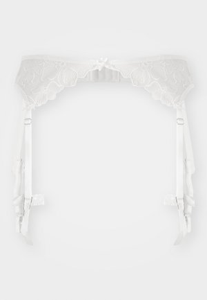 Weißer Spitzenstrumpfhalter mit floralem Stickerei, satinartigen Akzenten, verstellbaren Trägern und Haken- und Ösenverschluss auf der Rückseite.