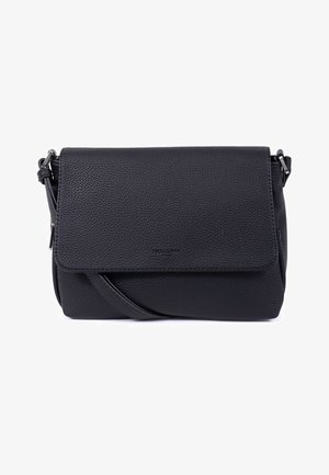 Borsa a spalla nera in pelle con superficie testurizzata, chiusura a patta e tracolla regolabile. Forma rettangolare compatta, design minimalista.