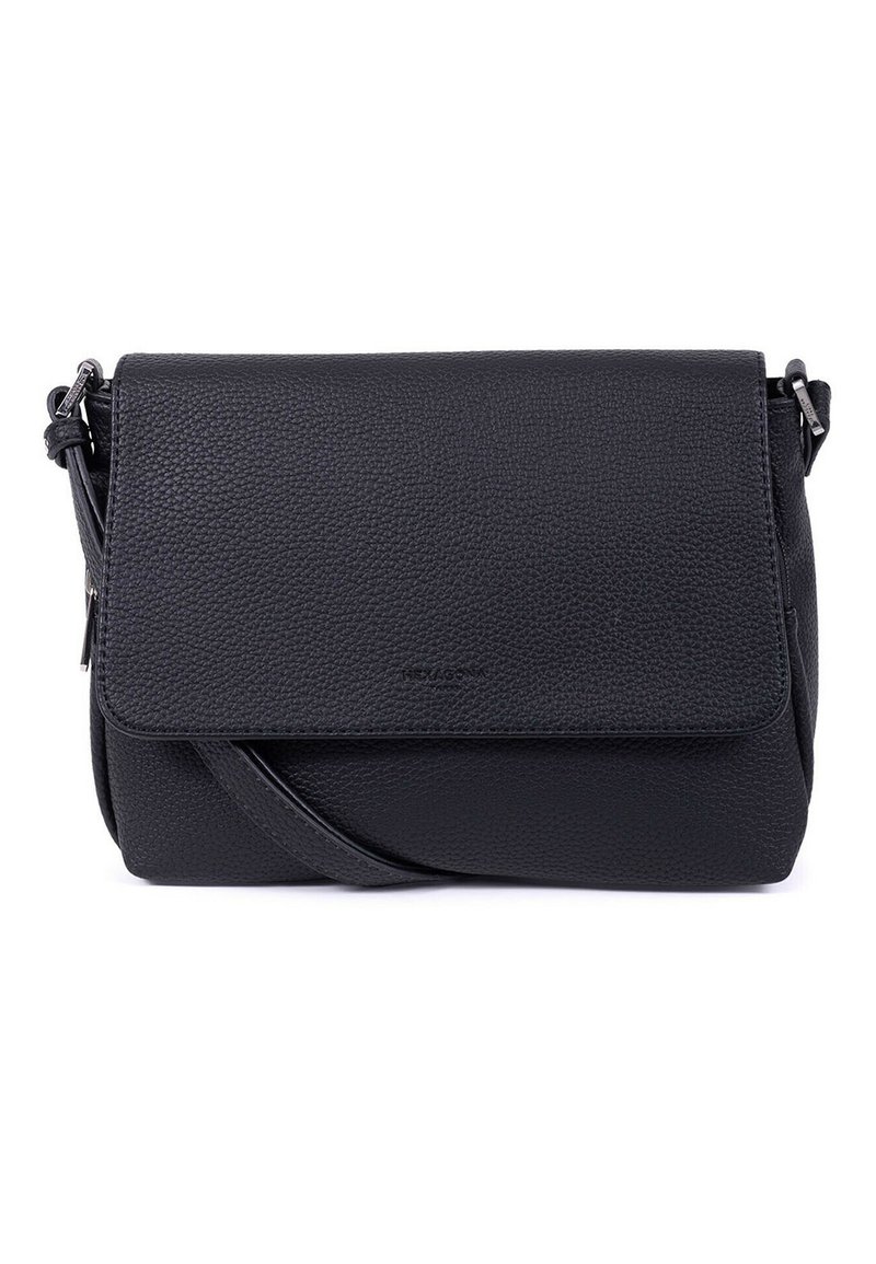 Borsa a spalla nera in pelle con superficie testurizzata, chiusura a patta e tracolla regolabile. Forma rettangolare compatta, design minimalista.