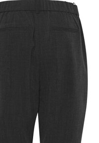 Donkergrijze, textuurstof broek met een recht gesneden ontwerp, voorzien van twee achterzakken en een elastische tailleband voor comfort.