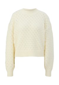 Flauschiger cremefarbener Strickpullover mit Rautenmuster, gerippten Rundhalsausschnitt und -ärmeln sowie verkürztem Saum. Die strukturierte Fabric sorgt für visuelle Interesse.