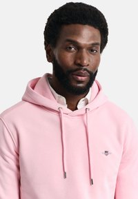 Felpa rosa chiaro con cordino, caratterizzata da un piccolo logo sul petto. Tessuto morbido con una superficie liscia e un design casual.