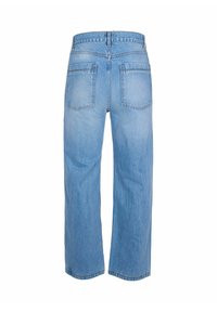 Jeans in denim azzurro chiaro con un design dritto e a gamba larga. Presenta due tasche posteriori e un giro vita a media altezza. Texture liscia.