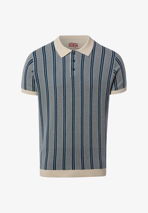 Kurzärmeliges Strick-Poloshirt mit vertikalen marineblauen und beigen Streifen sowie beigem Kragen, Bündchen und Saum.