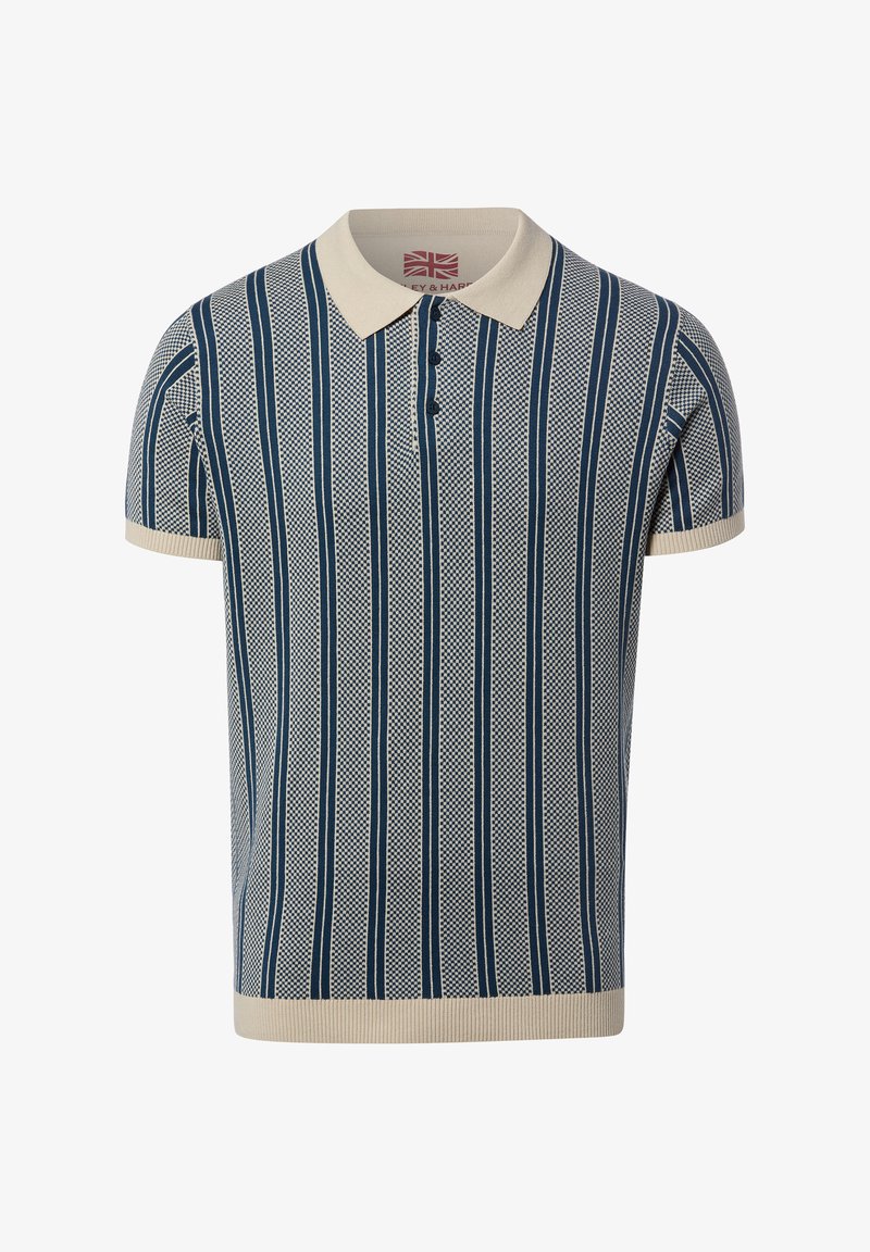 Kurzärmeliges Strick-Poloshirt mit vertikalen marineblauen und beigen Streifen sowie beigem Kragen, Bündchen und Saum.