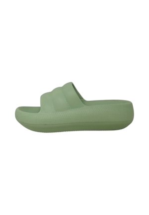 Sandalo a scivolo verde con due strisce orizzontali sulla parte superiore, suola testurizzata e finitura liscia. Design leggero e casual.