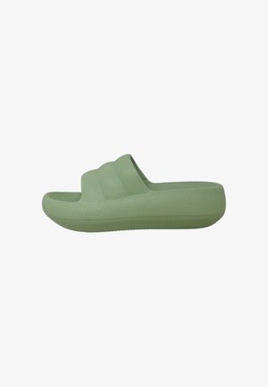Sandalo a scivolo verde con due strisce orizzontali sulla parte superiore, suola testurizzata e finitura liscia. Design leggero e casual.