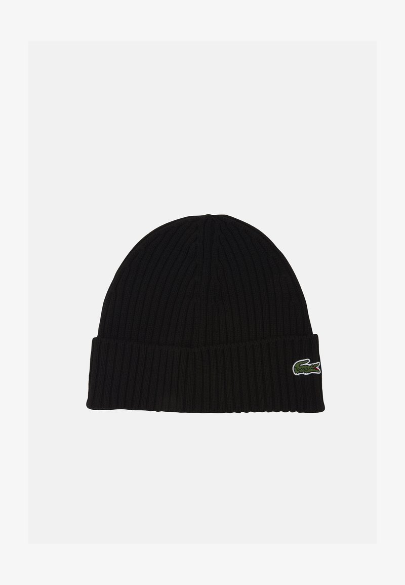 Beanie nera a coste con risvolto e un piccolo logo di coccodrillo verde sul lato. Realizzato in un materiale morbido ed elastico.