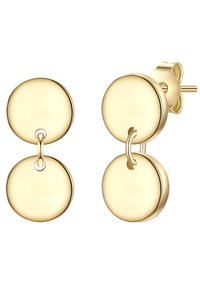 Zelta apļa auskariem ir divi savienoti diski, gluda tekstūra, pulēta virsma un droša piekare, kas nodrošina stabilu valkāšanu.