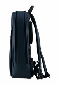 Zaino blu scuro con una forma rettangolare elegante, dotato di due scomparti con zip e spallacci imbottiti per il comfort.