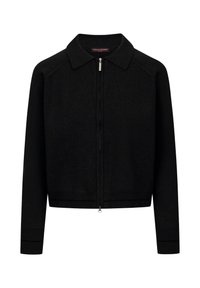 Zwarte zip-up jas met een kraag, ribgebreide manchetten en onderrand, en een gladde, gestructureerde stof. Beschikt over een klein logo-label bij de kraag.
