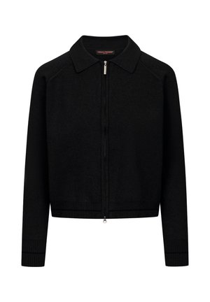 Zwarte zip-up jas met een kraag, ribgebreide manchetten en onderrand, en een gladde, gestructureerde stof. Beschikt over een klein logo-label bij de kraag.