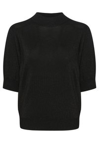 Sort strikket sweater med høj hals, korte puffede ærmer og en let løs pasform. Indeholder en subtil metallisk glans.