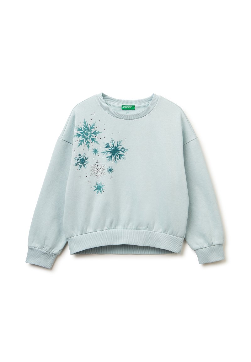 Felpa azzurra con maniche lunghe, polsini e orlo a coste. Presenta una grafica di fiocchi di neve in teal e argento sulla parte anteriore.
