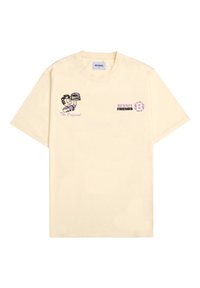 Camiseta de algodón color crema con un personaje de dibujos animados impreso sujetando una hamburguesa y el texto "The Original" y "BESSEL FRIENDS."