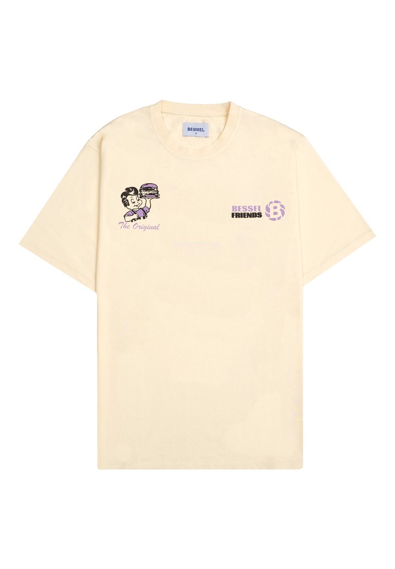 Camiseta de algodón color crema con un personaje de dibujos animados impreso sujetando una hamburguesa y el texto "The Original" y "BESSEL FRIENDS."