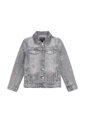 Denim jacket in faded gray with star embellishments in silver and pink, button-front, two chest pockets, and standard collar design.