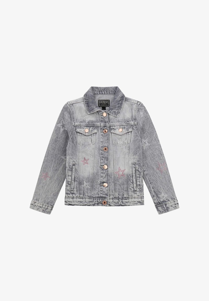 Denim jacket in vervaagd grijs met sterversieringen in zilver en roze, met knopen aan de voorkant, twee borstzakken en een standaard kraagontwerp.